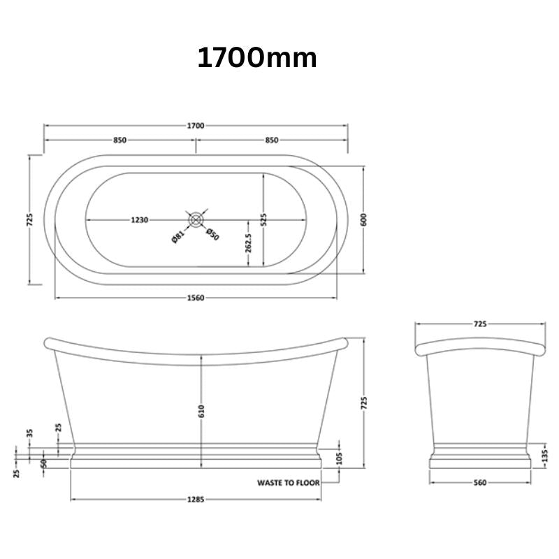 BC Designs Verdigris Green Copper Boat Bath 1700 technical drawing