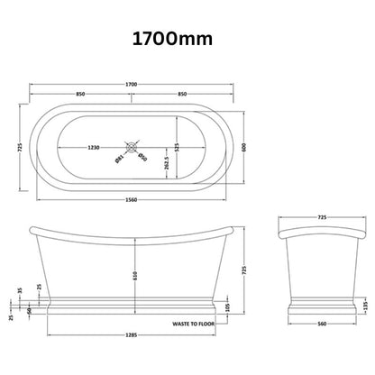 BC Designs Verdigris Green Copper Boat Bath 1700 technical drawing