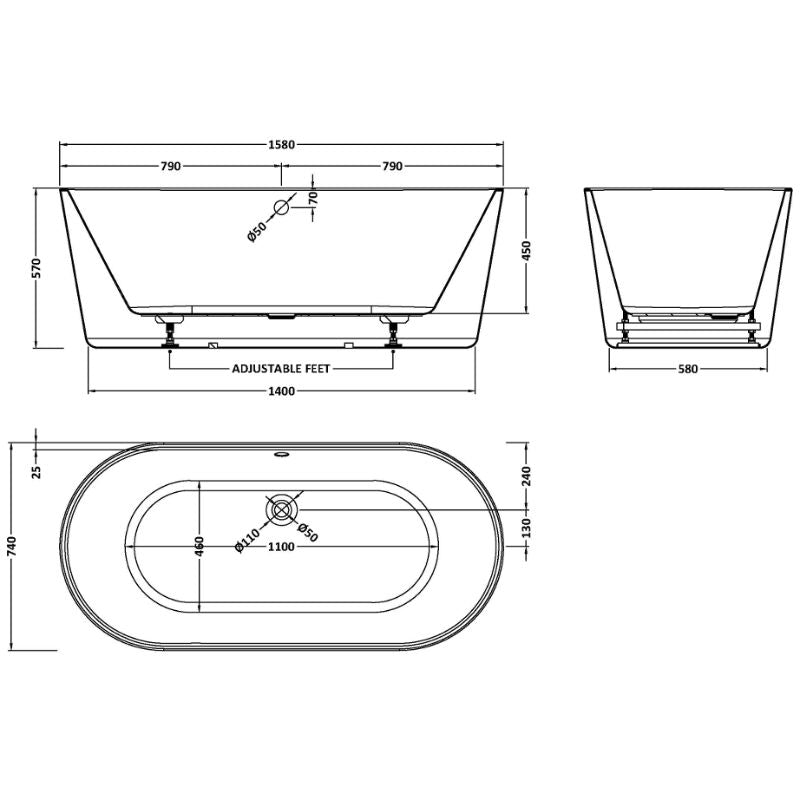 BC Designs Viado Freestanding Acrylic Bath 1580 technical drawing