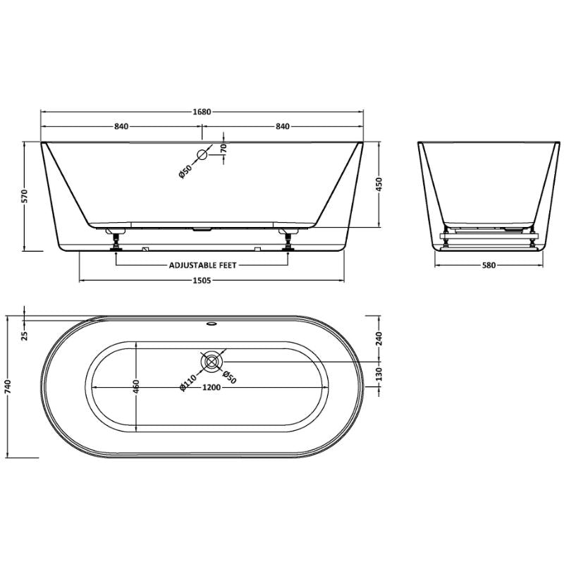 BC Designs Viado Freestanding Acrylic Bath 1680 technical drawing