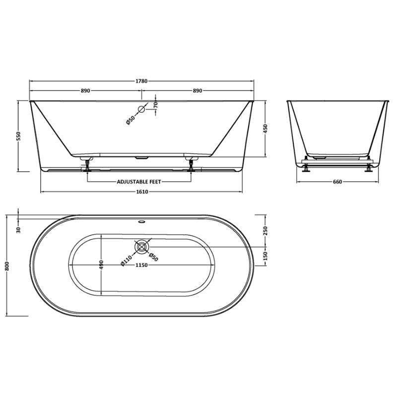 BC Designs Viado Freestanding Acrylic Bath 1780 technical drawing