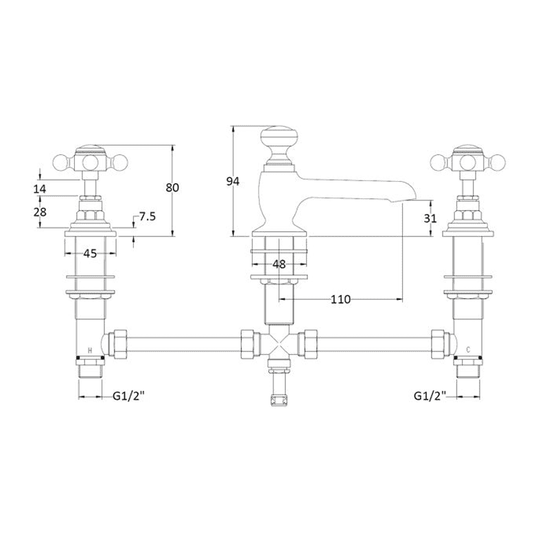 BC Designs Victrion Crosshead 3 Hole Basin Mixer