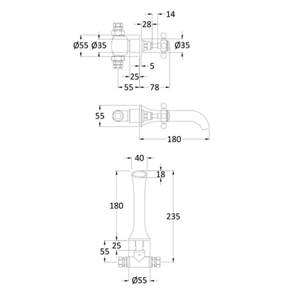 BC Designs Victrion Crosshead 3 Hole Wall Mounted Basin Filler Technical Drawing