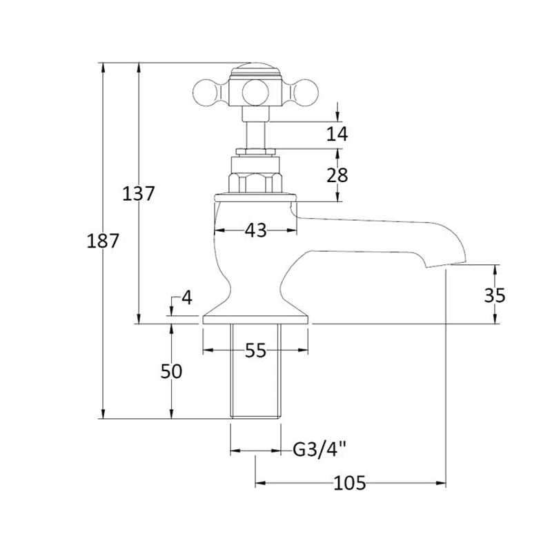 BC Designs Victrion Crosshead Bath Pillar Taps technical drawing