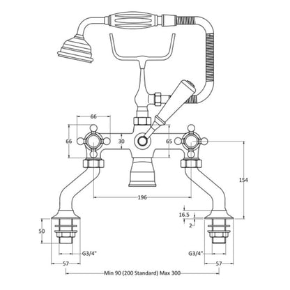 BC Designs Victrion Crosshead Deck Mounted Bath Shower Mixer technical drawing front view