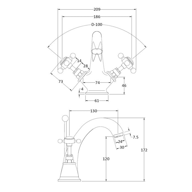 BC Designs Victrion Crosshead Mono Basin Mixer technical drawing