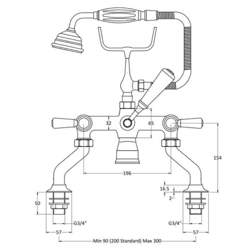 BC Designs Victrion Deck Mounted Lever Bath Shower Mixer technical drawing front view