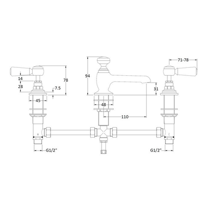 BC Designs Victrion Lever 3 Hole Basin Mixer technical drawing