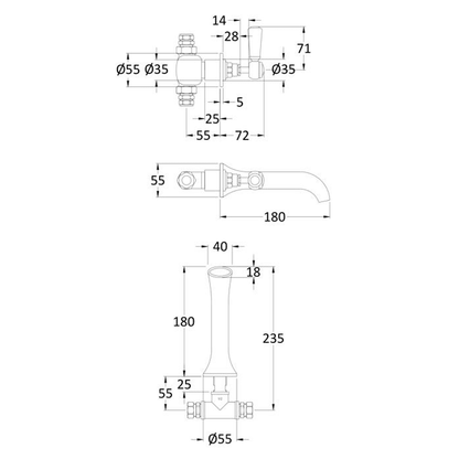 BC Designs Victrion Lever 3 Hole Wall Mounted Basin Filler technical drawing