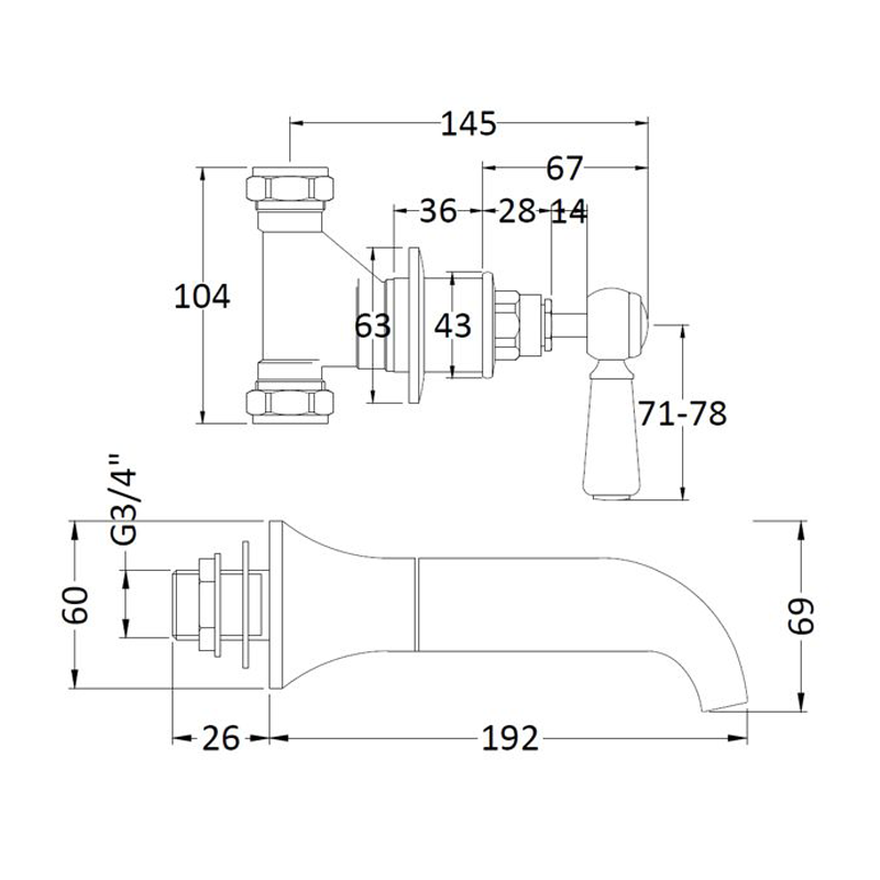 BC Designs Victrion Lever 3 Hole Wall Mounted Bath Filler technical drawing