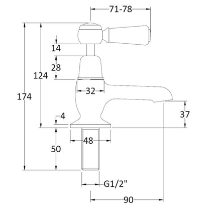 BC Designs Victrion Lever Basin Pillar Taps technical drawing