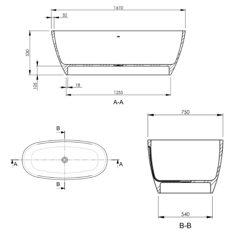 BC Designs Vive Bath 1610 technical drawing