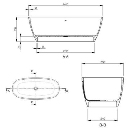 BC Designs Vive Bath 1610 technical drawing