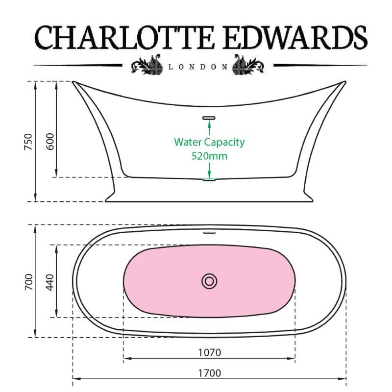 Charlotte Edwards CALIBAN Freestanding Bath Acrylic Gloss White 1700 Specifications