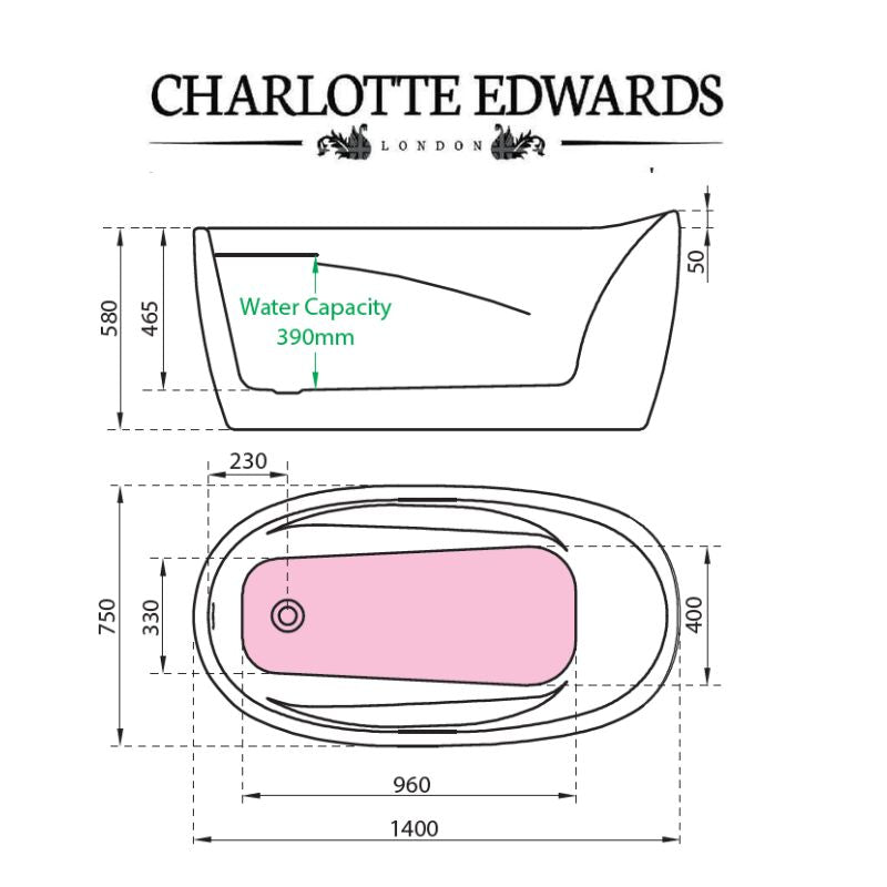 Charlotte Edwards CERES Freestanding Bath Acrylic Gloss White Custom Painted 1400 technical drawing