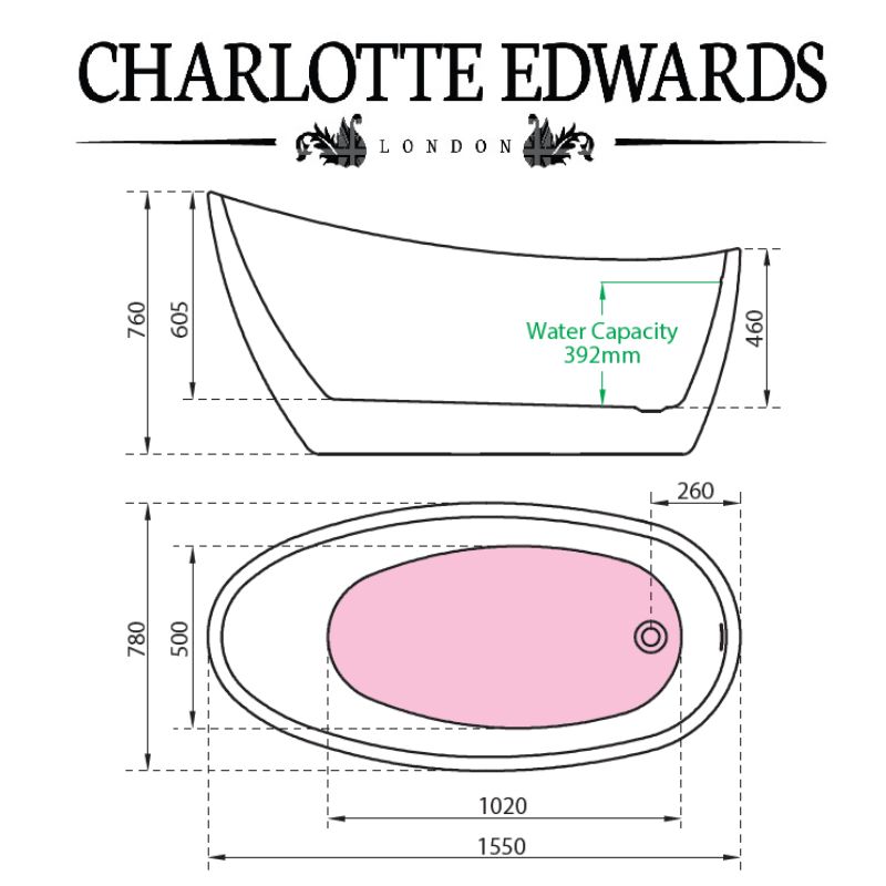 Charlotte Edwards PROTEUS Freestanding Bath Gloss White Custom Painted 1550 Specifications