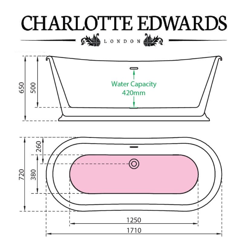 Charlotte Edwards ROSEMARY Freestanding Bath Acrylic Gloss White Black Custom Painted 1710 Specifications