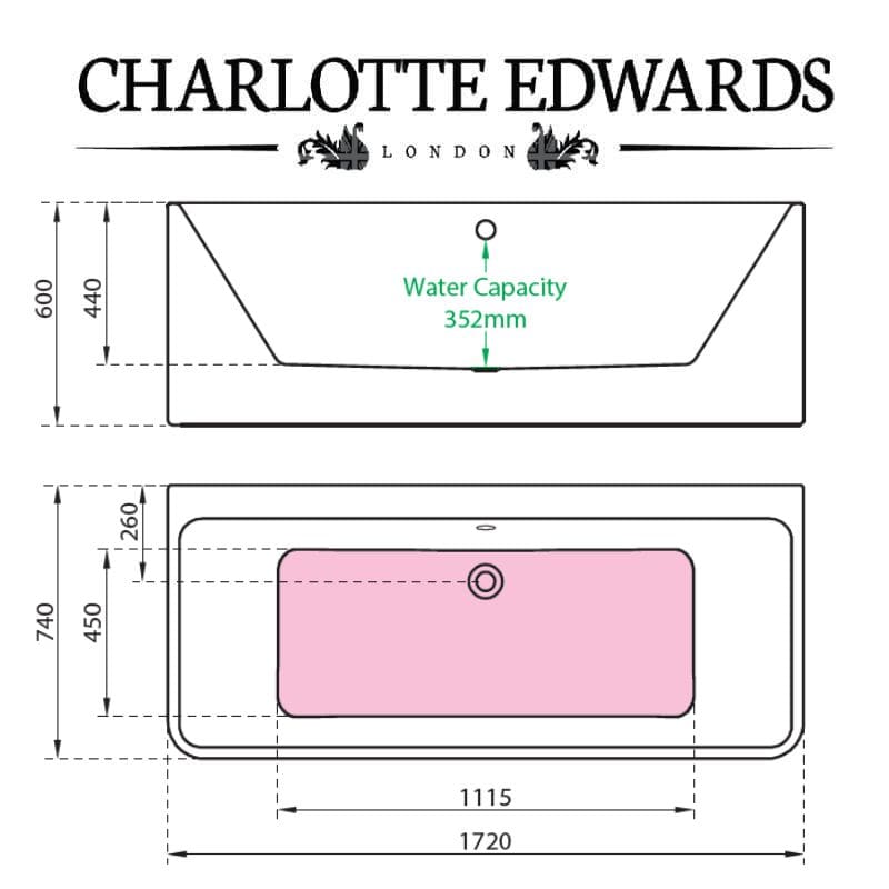 Charlotte Edwards STRATFORD Back to Wall Bath Acrylic Gloss White Custom Painted 1720 Specifications