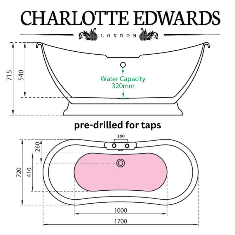 Charlotte Edwards TRAFALGAR Freestanding Bath Acrylic Gloss White Custom Painted 1700 Specifications