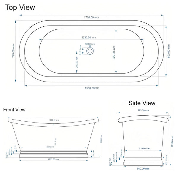 Coppersmith Creations Brass Bathtub featuring a roll top design with a full polished brass finish. The elegant bathtub has a smooth, shiny surface, adding a touch of luxury to any bathroom. Technical drawing.