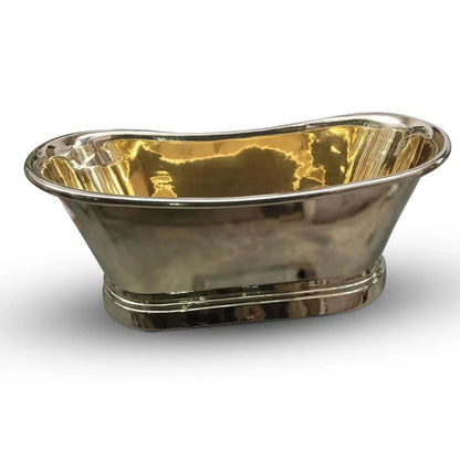 Coppersmith Creations Brass Bathtub featuring a roll top design with a full polished brass finish. The elegant bathtub has a smooth, shiny surface, adding a touch of luxury to any bathroom. Front view.