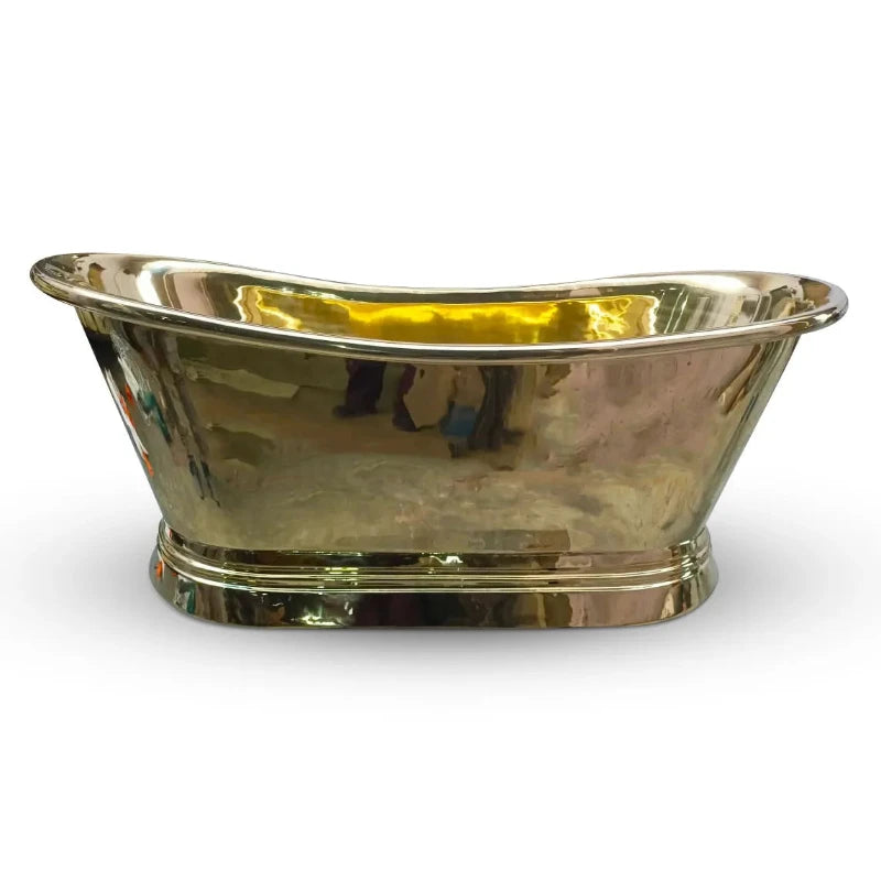 Coppersmith Creations Brass Bathtub featuring a roll top design with a full polished brass finish. The elegant bathtub has a smooth, shiny surface, adding a touch of luxury to any bathroom.