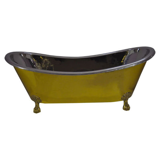 Handcrafted clawfoot bathtub with a polished brass exterior and nickel interior, featuring a double-slipper design and ornate claw feet for a luxurious finish.