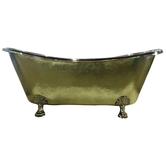 Handcrafted clawfoot bathtub with a hammered brass exterior and polished brass interior, featuring elegant claw feet and a luxurious double-slipper design.