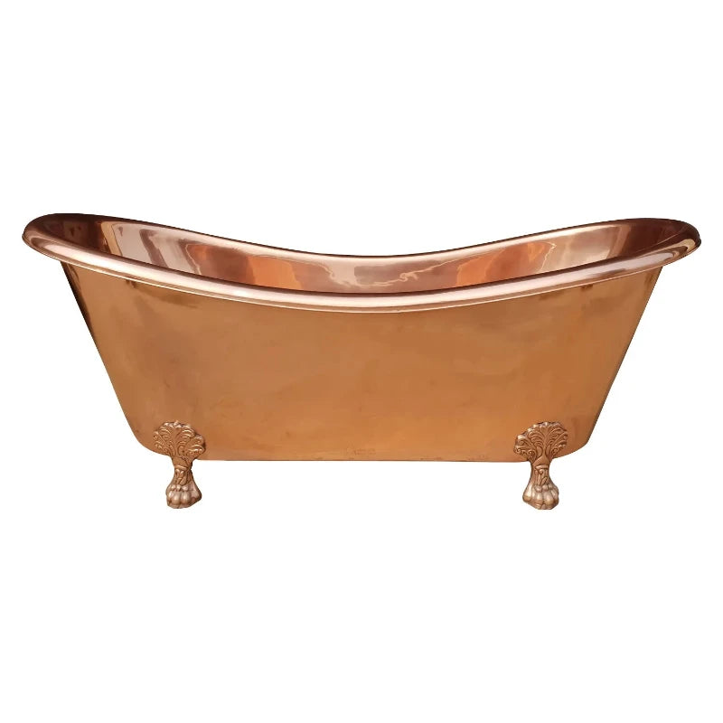 Coppersmith Creations Clawfoot Copper Bathtub featuring a full shiny copper finish inside and outside. The elegant design includes classic clawfoot legs, adding a luxurious touch to any bathroom.