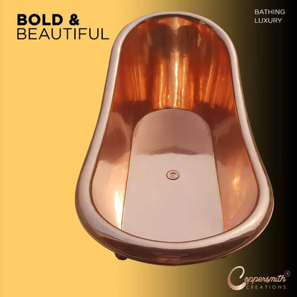 Coppersmith Creations Clawfoot Copper Bathtub featuring a full shiny copper finish inside and outside. The elegant design includes classic clawfoot legs, adding a luxurious touch to any bathroom.