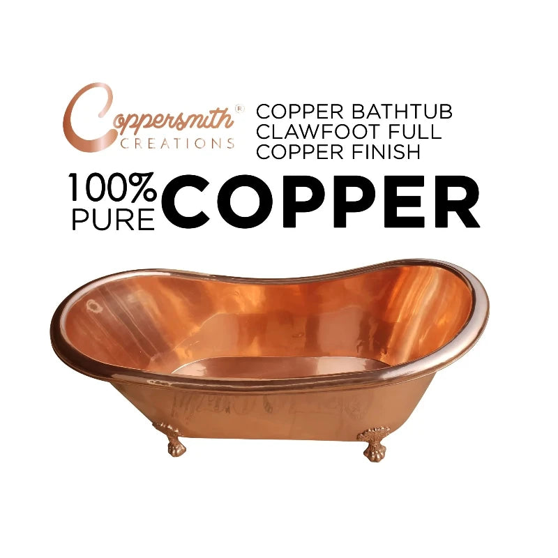 Coppersmith Creations Clawfoot Copper Bathtub featuring a full shiny copper finish inside and outside. The elegant design includes classic clawfoot legs, adding a luxurious touch to any bathroom.