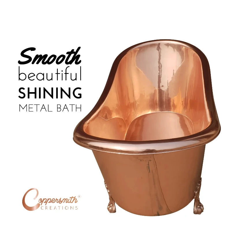 Coppersmith Creations Clawfoot Copper Bathtub featuring a full shiny copper finish inside and outside. The elegant design includes classic clawfoot legs, adding a luxurious touch to any bathroom.