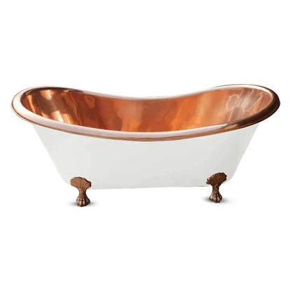 Coppersmith Creations Clawfoot Copper Bathtub featuring a polished copper interior and a matt white powder-coated exterior. The elegant design includes ornate clawfoot legs, adding a touch of sophistication to any bathroom.