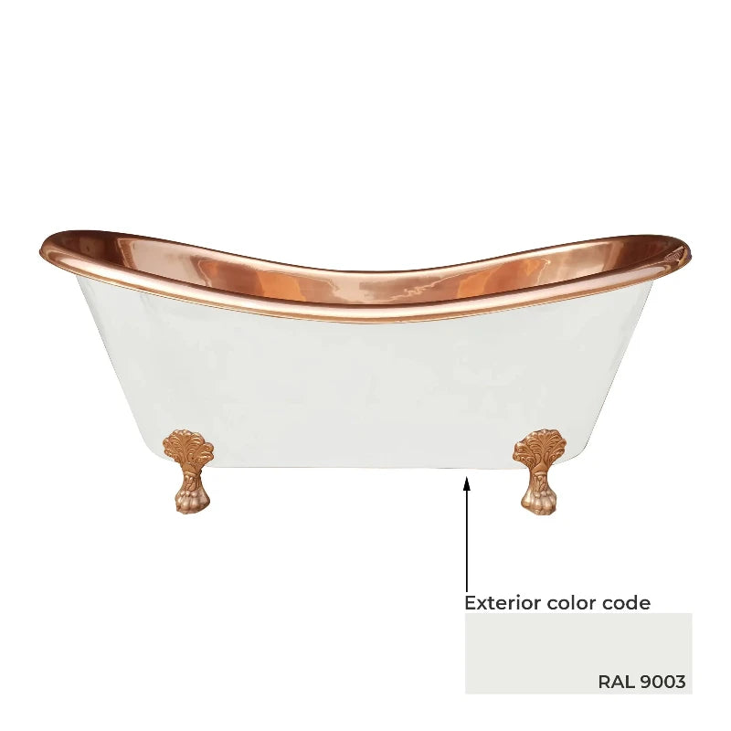 Coppersmith Creations Clawfoot Copper Bathtub featuring a polished copper interior and a matt white powder-coated exterior. The elegant design includes ornate clawfoot legs, adding a touch of sophistication to any bathroom.