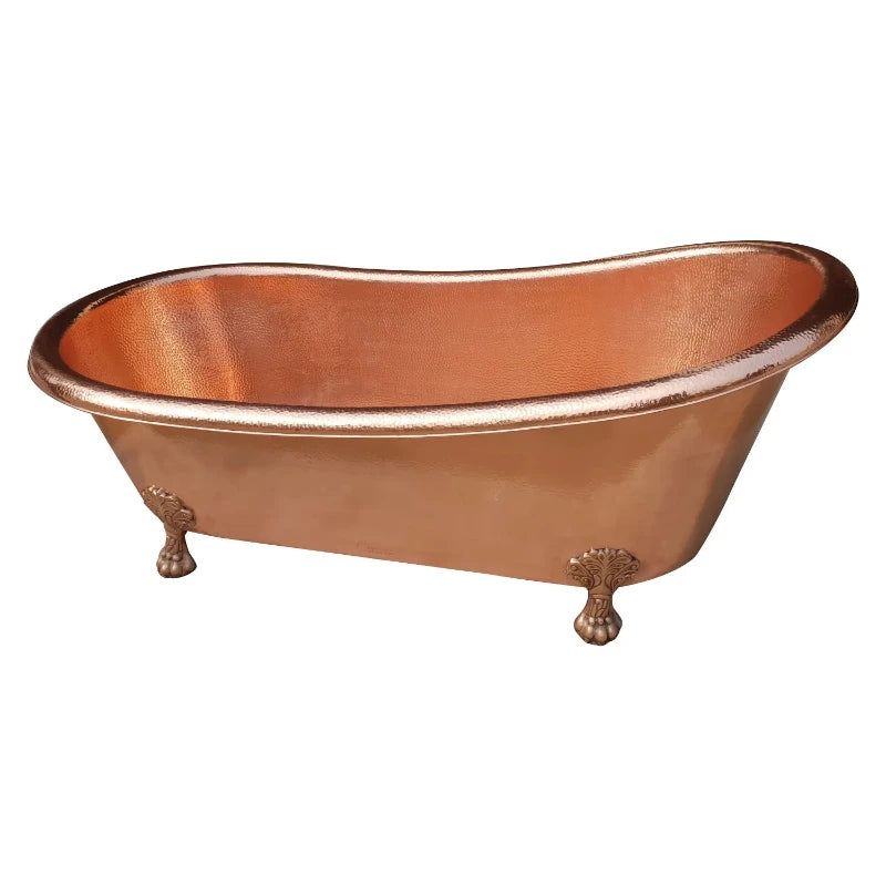 Coppersmith Creations Clawfoot Copper Tub featuring a hammered finish with a single slipper design. The elegant tub rests on classic clawfoot legs, providing a luxurious touch to any bathroom.