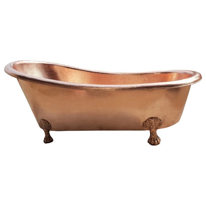 Coppersmith Creations Clawfoot Copper Tub featuring a hammered finish with a single slipper design. The elegant tub rests on classic clawfoot legs, providing a luxurious touch to any bathroom.