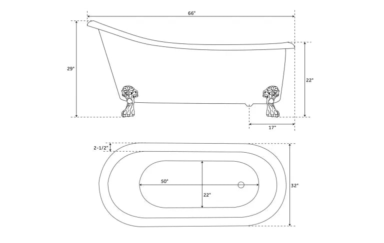 Coppersmith Creations Clawfoot Copper Tub featuring a hammered finish with a single slipper design. The elegant tub rests on classic clawfoot legs, providing a luxurious touch to any bathroom. Technical drawing.