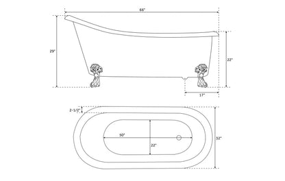 Coppersmith Creations Clawfoot Copper Tub featuring a hammered finish with a single slipper design. The elegant tub rests on classic clawfoot legs, providing a luxurious touch to any bathroom. Technical drawing.