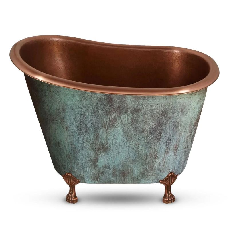 Coppersmith Creations Clawfoot Hammered Copper Bath Blue-Green Patina Soaking Tub 49-inch front view