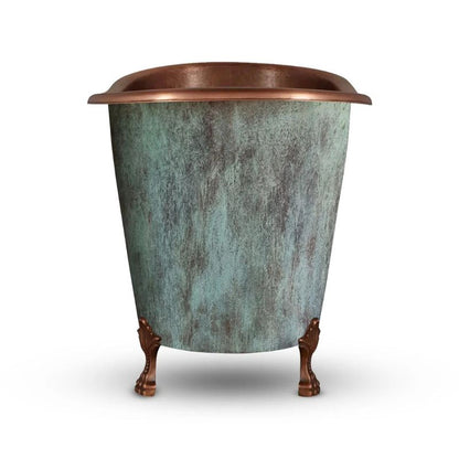 Coppersmith Creations Clawfoot Hammered Copper Bath Blue-Green Patina Soaking Tub 49-inch side view in white background