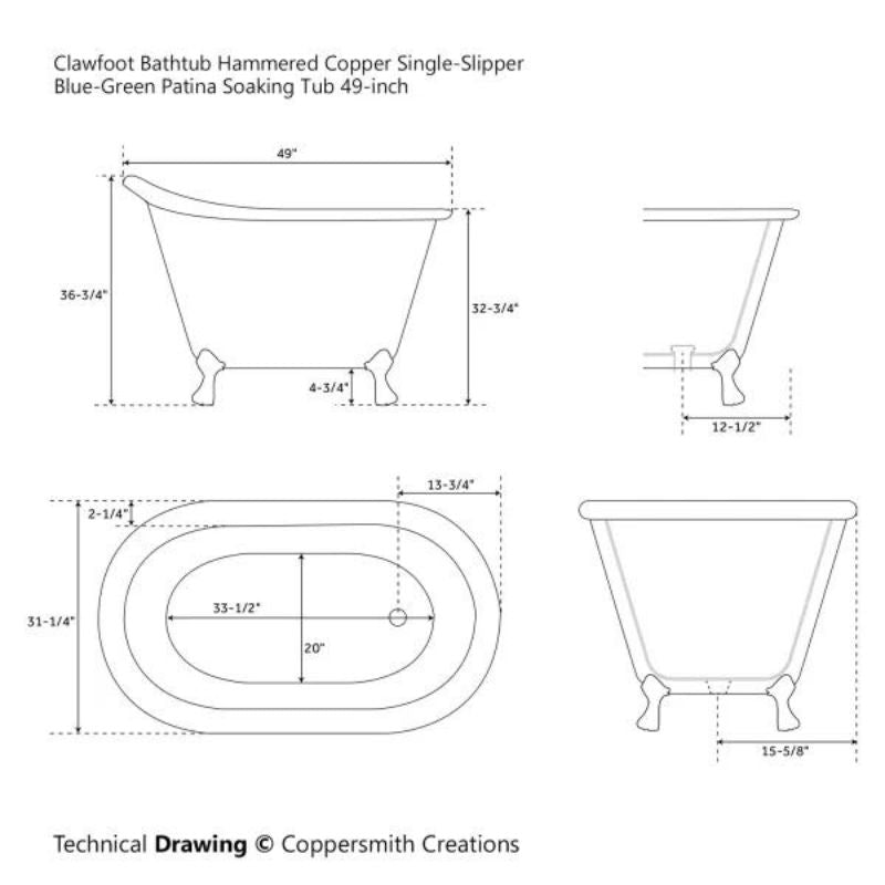 Coppersmith Creations Clawfoot Hammered Copper Bath Blue-Green Patina Soaking Tub 49-inch technical drawing