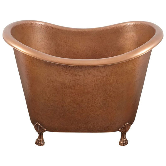 Handcrafted compact hammered copper clawfoot bathtub with a double-slipper design, featuring an antique finish and elegant clawfoot details.