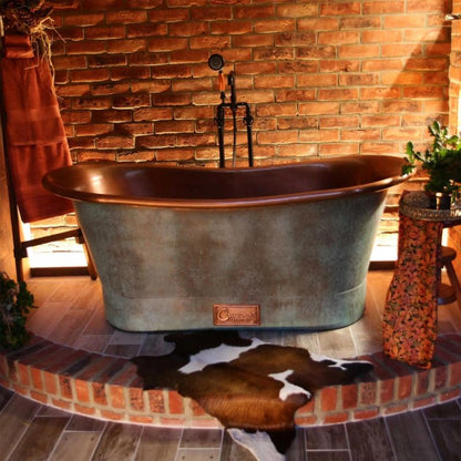 Coppersmith Creations Copper Bathtub Interior & Blue-Green Patina Exterior with Beading on Base 1700mm front view with brick wall bathroom