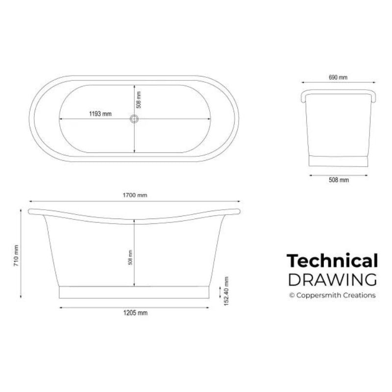 Coppersmith Creations Copper Bathtub Interior & Blue-Green Patina Exterior with Beading on Base 1700mm technical drawing