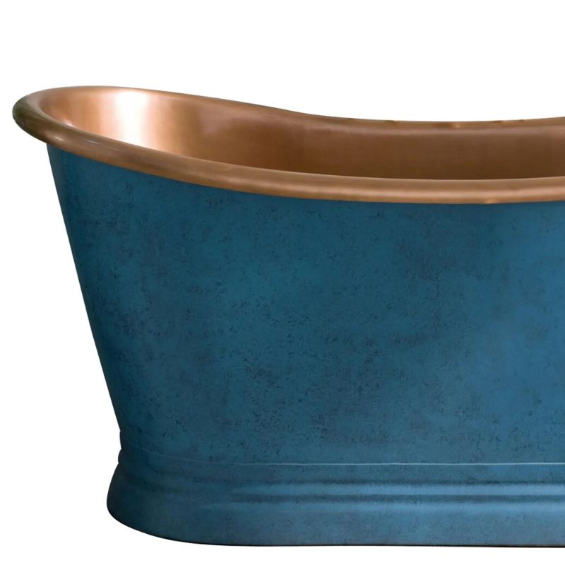 Coppersmith Creations Copper Bathtub Verdigris Blue Patina Exterior & Antique Finish Interior 1700 front left half view