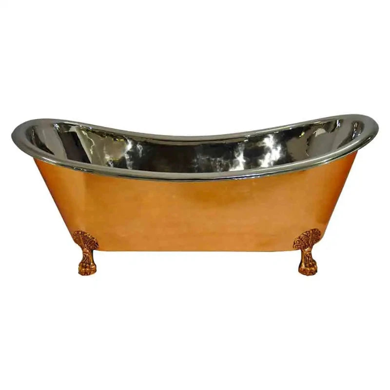 Coppersmith Creations Copper Clawfoot Bathtub featuring a shiny nickel interior and a polished copper exterior. The elegant design includes decorative clawfoot legs, making it a luxurious addition to any bathroom. 