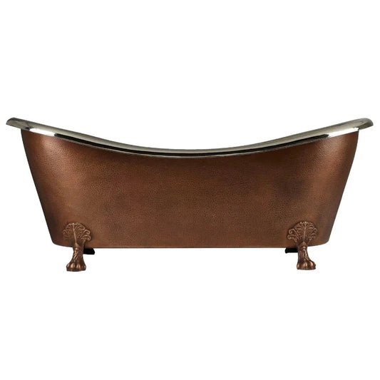 Coppersmith Creations Copper Clawfoot Tub featuring a nickel interior and antique hammered copper exterior. The elegant design includes decorative clawfoot legs, making it a stylish addition to any bathroom. Front view.