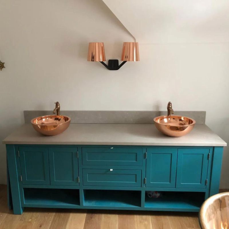 Coppersmith Creations Copper Round Pair of Basins Double Wall with blue-green vanity unit