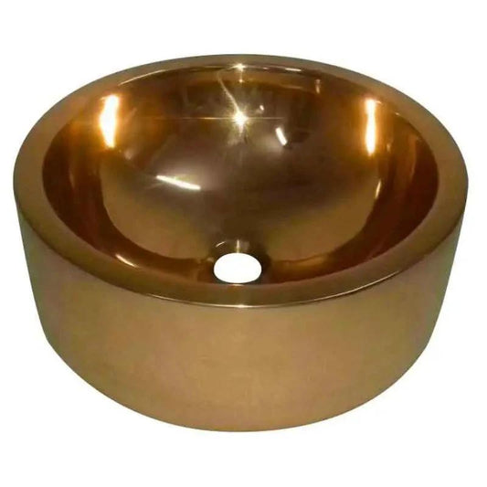 Round double-wall copper sink with a polished shiny copper finish inside and outside, offering a sleek and modern design for contemporary bathrooms.