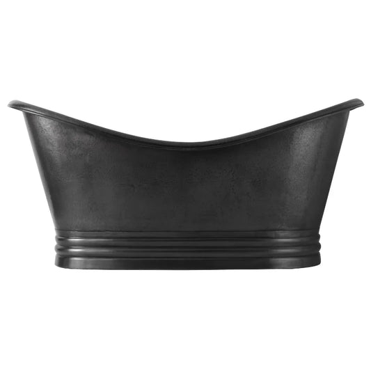 Coppersmith Creations Hammered Charcoal Dark Antique Copper Bathtub featuring a sleek design with a smooth surface and elegant curves, ideal for a luxurious bathroom.